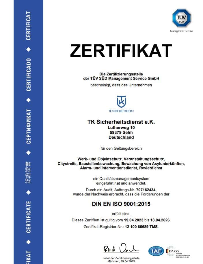 TK Sicherheitsdienst e. K. zertifiziert nach DIN EN ISO 9001:2015